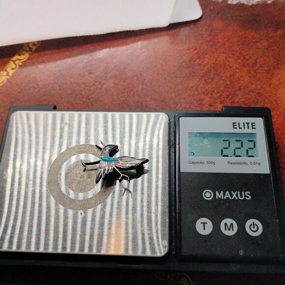 Vtg Zuni Inlay Roadrunner Brooch Pin Silver Onyx Turquoise Coral Mother O Pearl - Picture 5 of 5